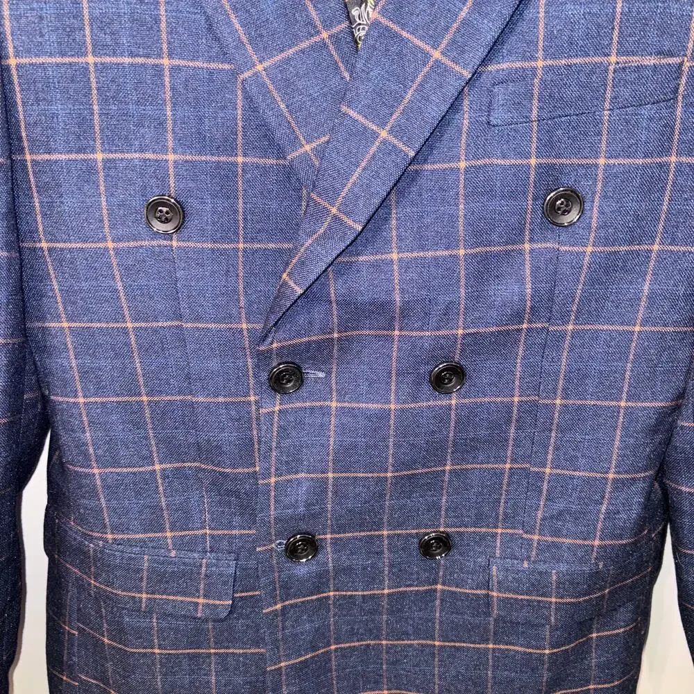Slatl & Dean Luxury Men's Navy‎ Blue Windowpane Double Breasted Blazer Jacket